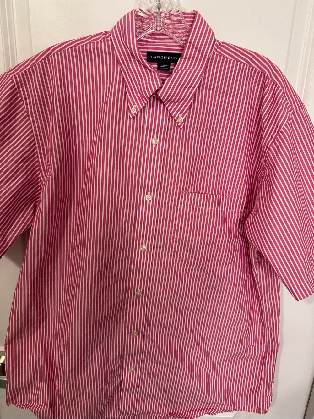Lands' End Men's Pink and White Striped Short-Sleeve Button-Down Shirt